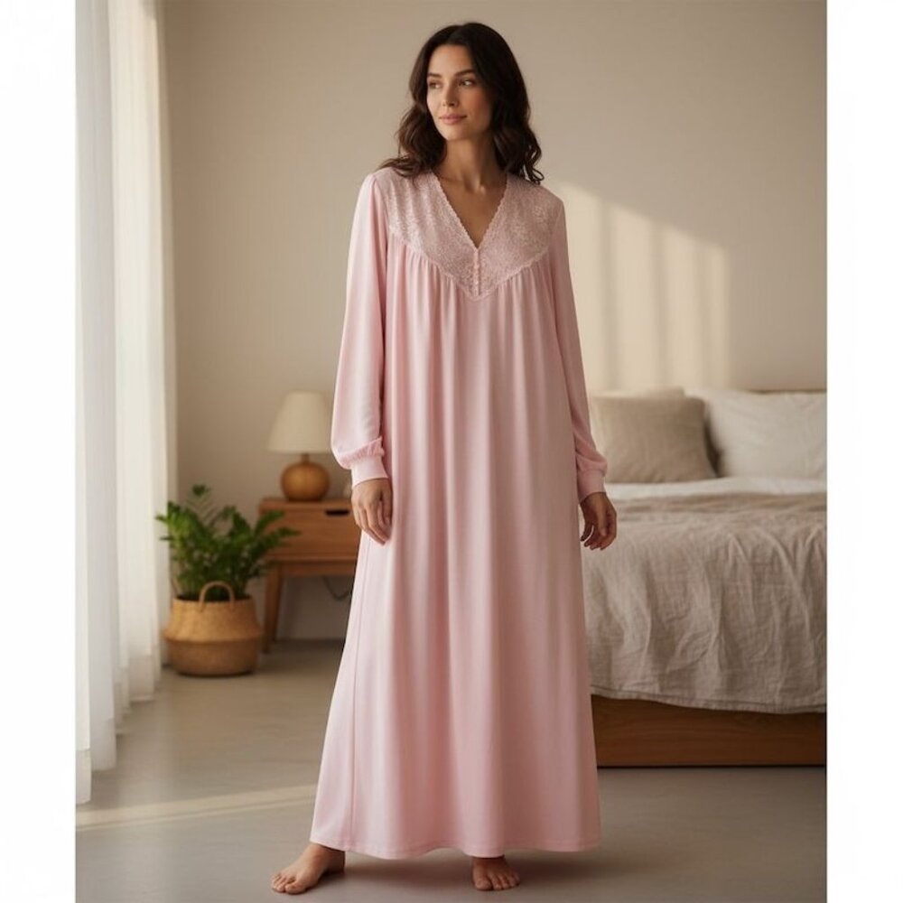 Vanity Fair Pink Long Chemise with Lace Detail